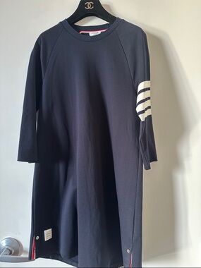 Thom Browne Navy  Long Sleeve Tee Dress with White Sleeve Stripes